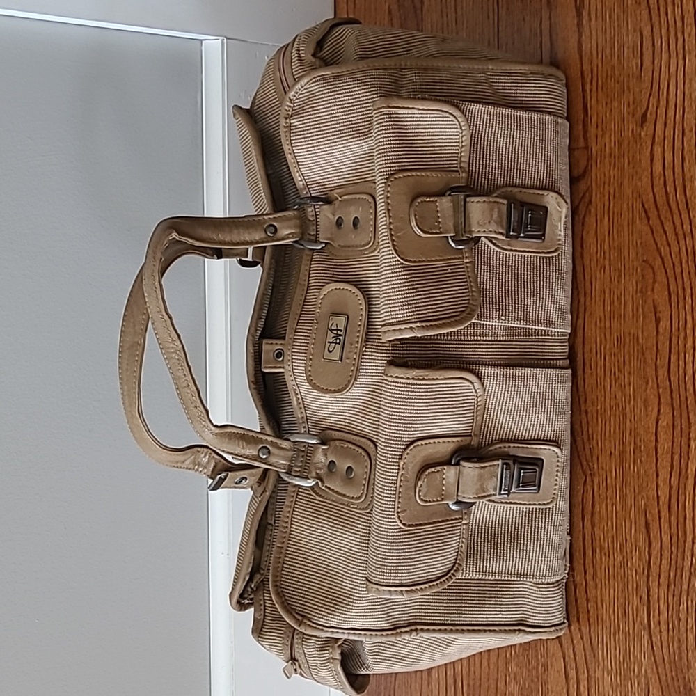 Diane Von Furstenberg (DVF) Vintage Tan Tweed Duffle Weekender Travel Bag